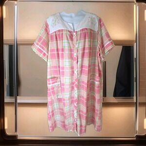 Easy Essentials Robe 4X Pastel Plaid Seersucker Snap Front House Coat Grannycor